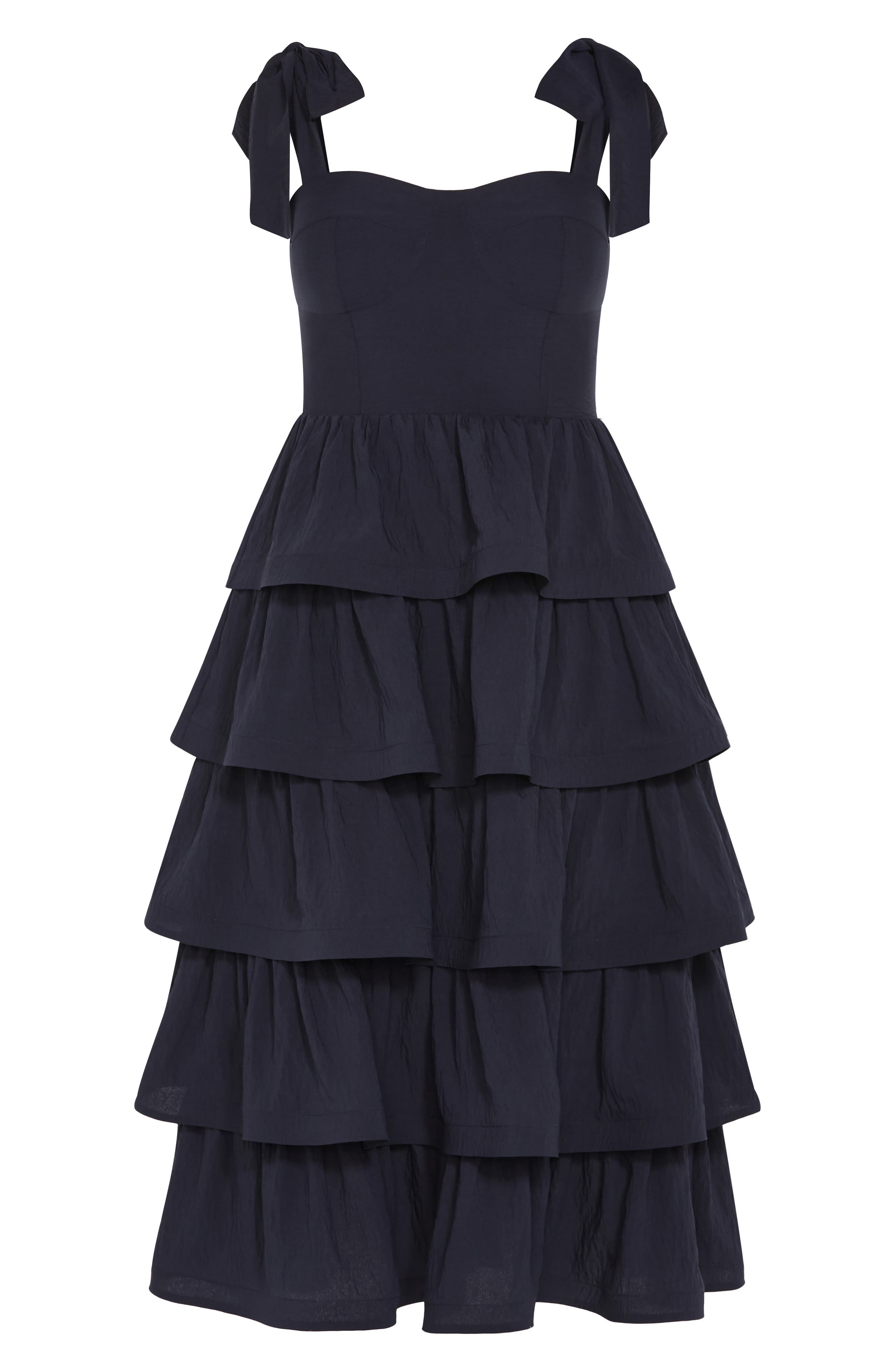 ellena tie strap ruffle tiered midi dress Francesca's Ellena Tie Strap Ruffle Tiered Midi Dress