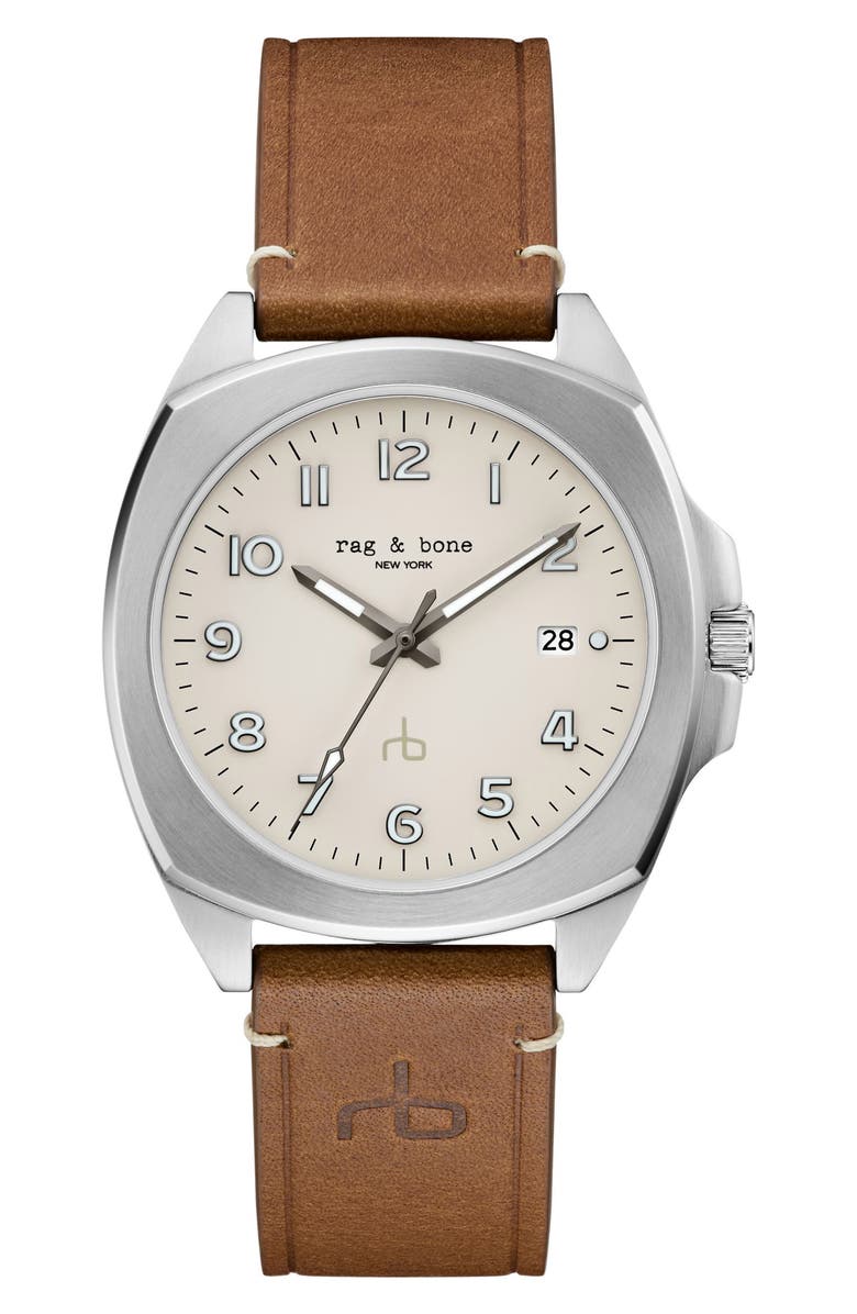 rag & bone Bleeker Leather Strap Watch, 40mm, Main, color,