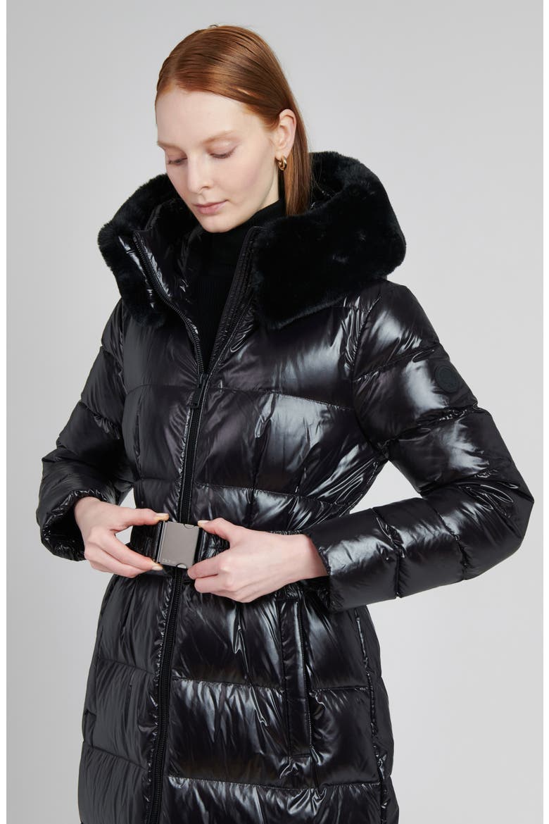 Lexi Water Resistant Hooded Nylon Down Puffer Coat with Faux Fur Trim, Alternate, color, BLACK