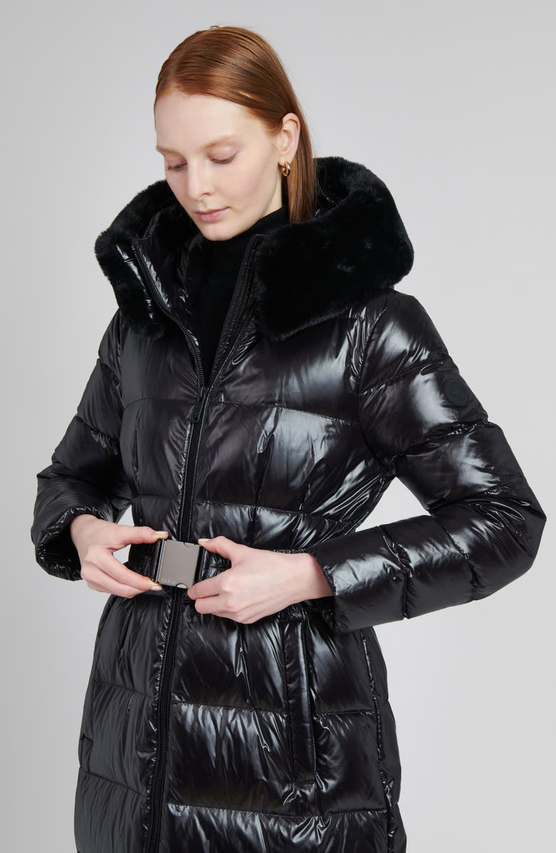 The Recycled Planet Company Lexi Water Resistant Hooded Nylon Down Puffer Coat with Faux Fur Trim, Alternate, color, Black