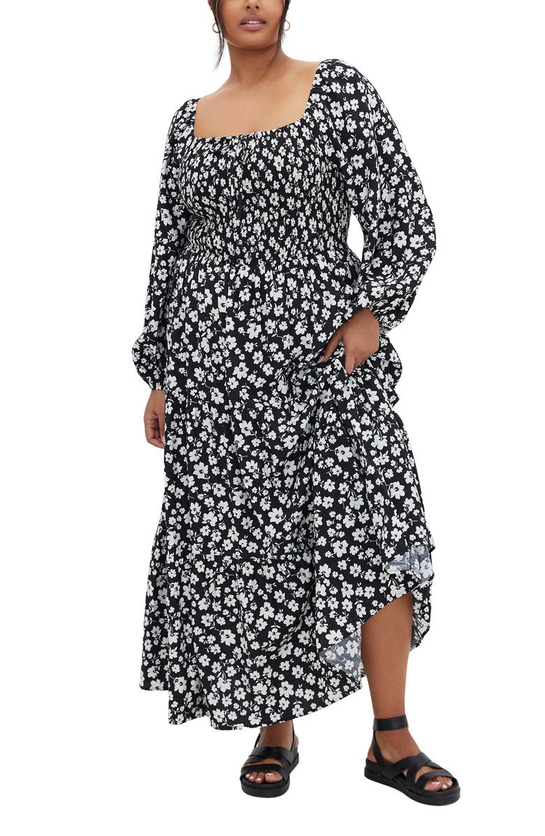 City Chic Alivia Floral Long Sleeve Tiered Maxi Dress, Main, color, Ivory/ Black Ditsy