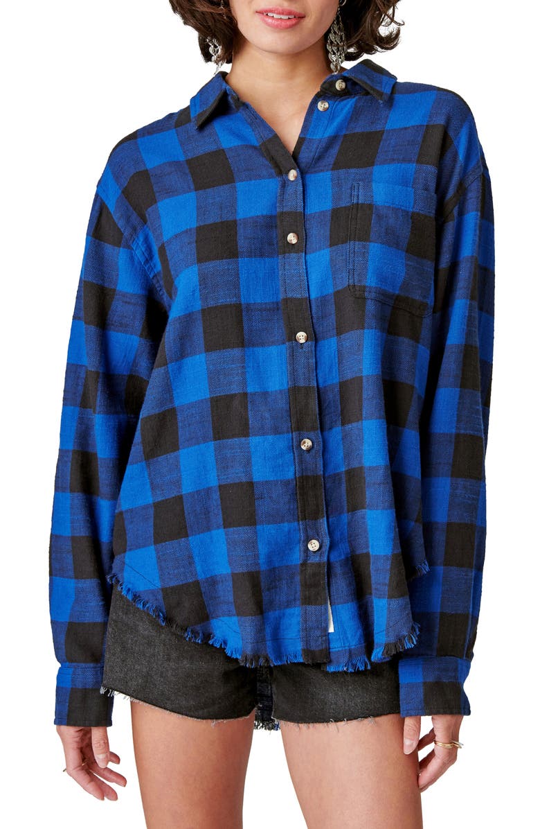 Lucky Brand Oversize Distressed Plaid Button-Up Shirt, Main, color, 