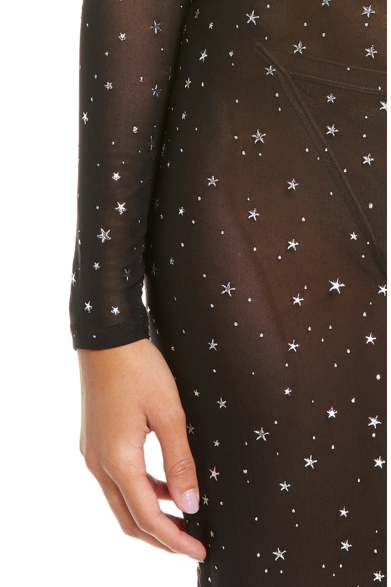 Embroidered Mesh Long Sleeve Midi Dress, Alternate, color, BLACK/ FOIL STARS