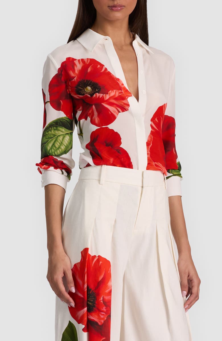 Alice + Olivia Willa Floral Print Silk Button-Up Shirt, Alternate, color, Summer Poppy