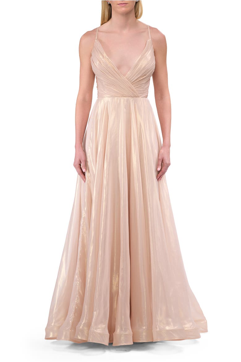 Metallic Chiffon Gown with Ruched Bodice and Slit, Main, color, Light Gold