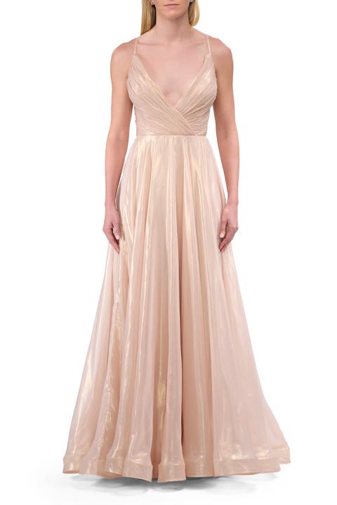 Metallic Chiffon Gown with Ruched Bodice and Slit