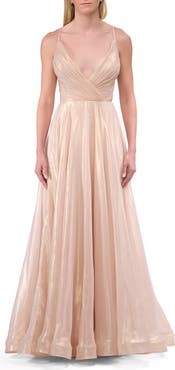 La Femme Metallic Chiffon Gown with Ruched Bodice and Slit