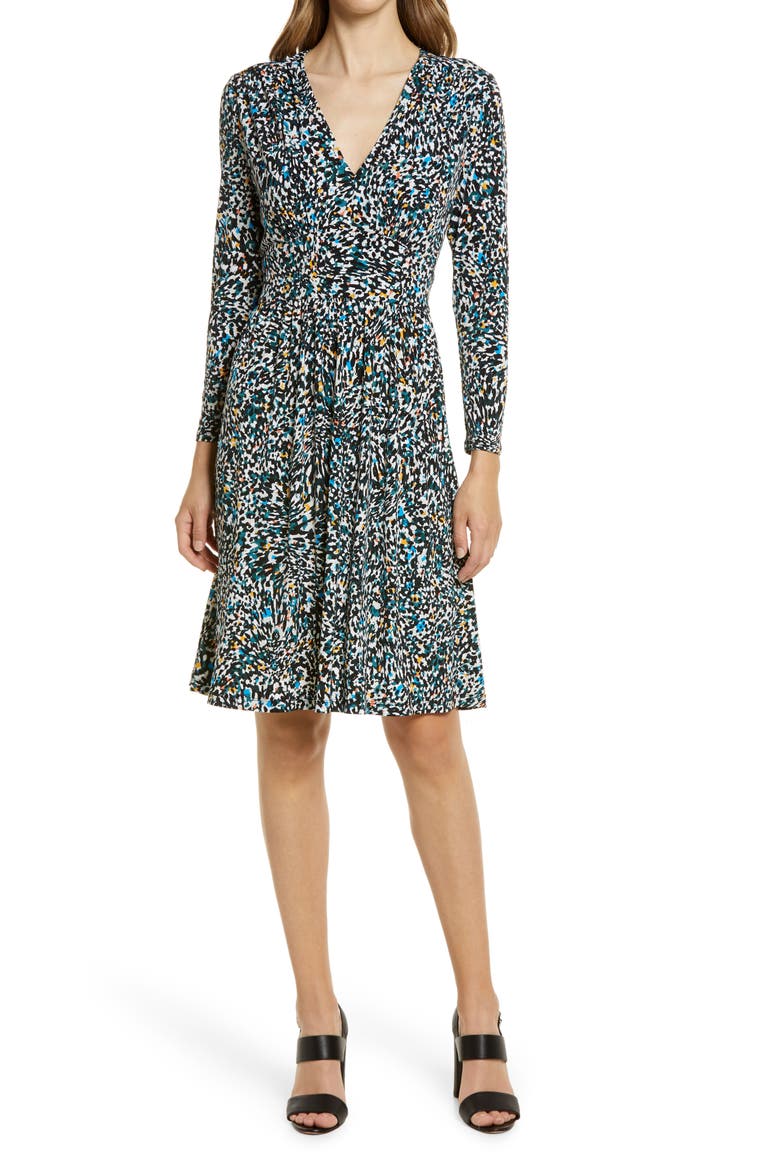 Abstract Print Long Sleeve Fit & Flare Dress, Main, color, SAPPHIRE/ BOTANICAL GARDEN