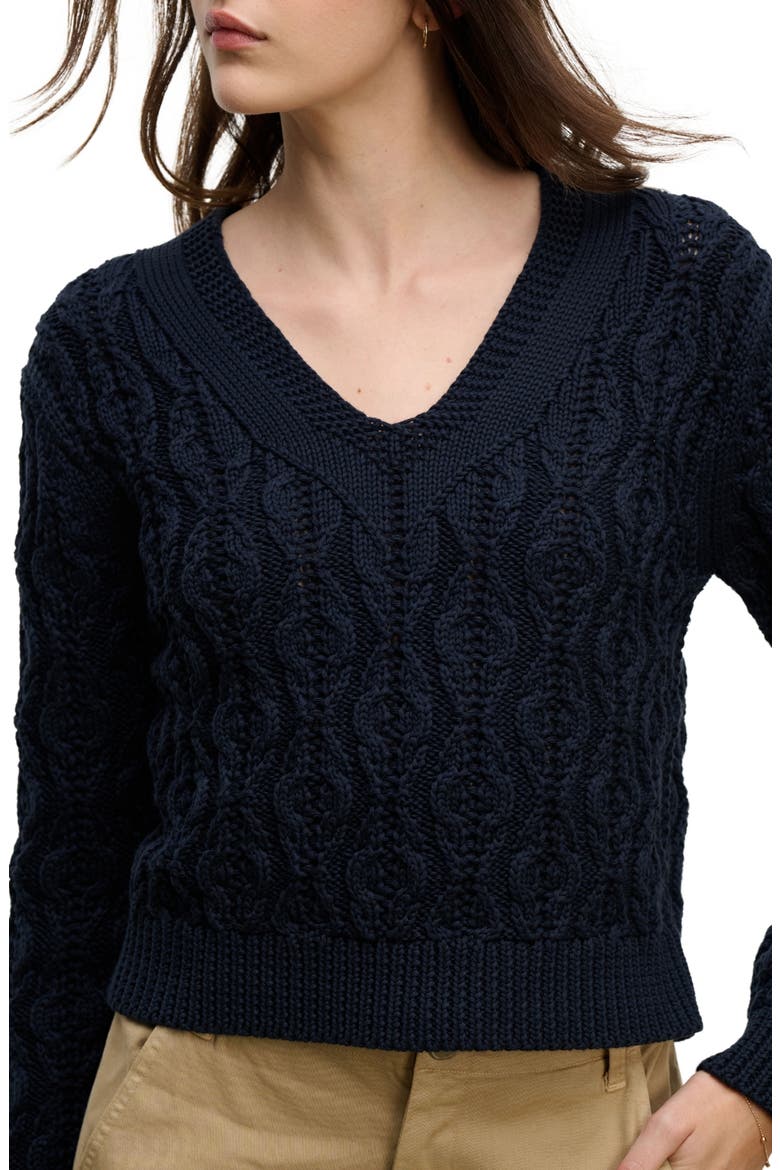 Joyce Cable Knit V-Neck Sweater, Alternate, color, NAVY