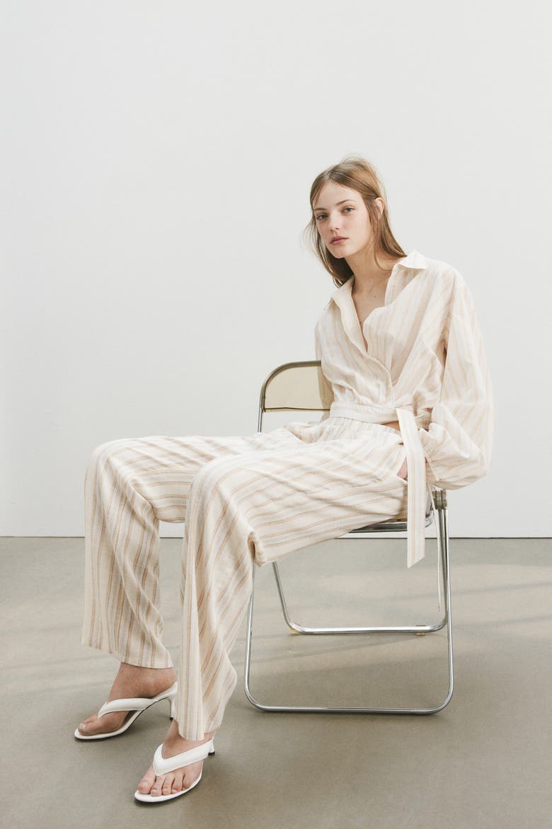 Wide Linen-blend Trousers, Alternate, color, White/striped
