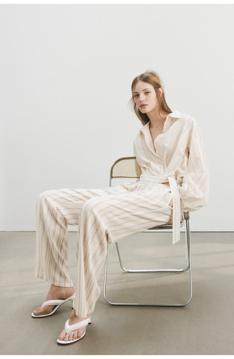 H&M Wide Linen-blend Trousers, Alternate, color, White/Striped