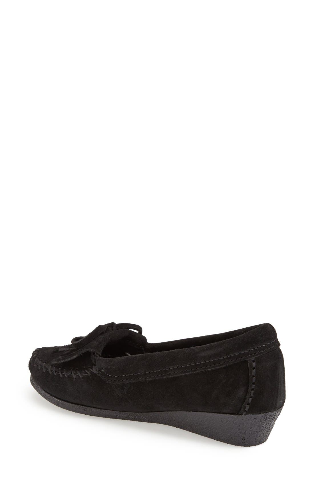 'Kilty' Suede Wedge Moccasin, Alternate, color, BLACK