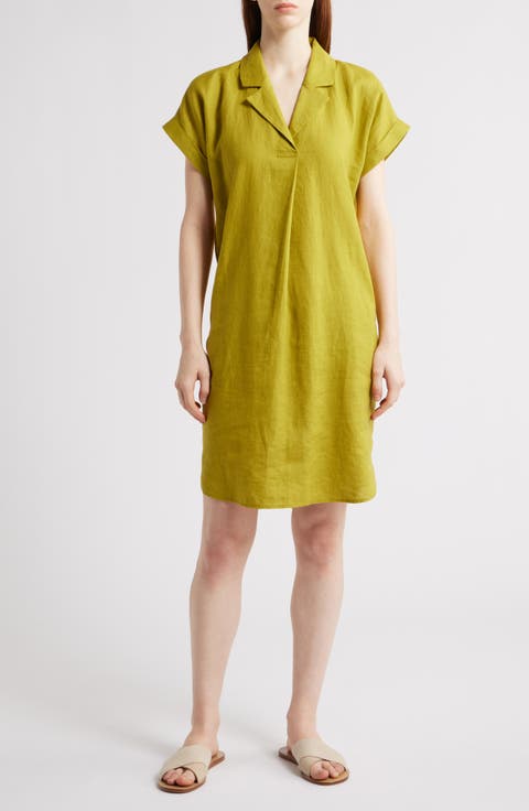 Cuff Sleeve Organic Linen Shift Dress