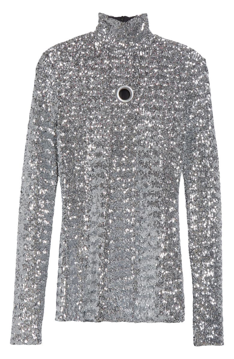 Rabanne Sequin Turtleneck Top, Alternate, color, Silver