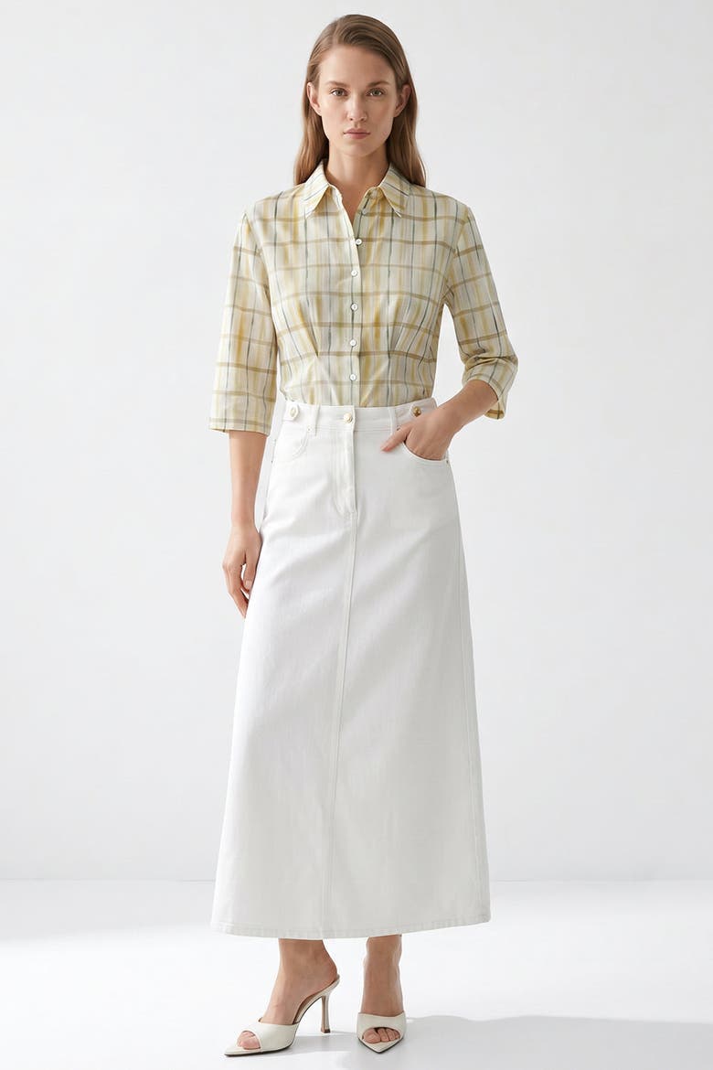 Evariste High Waist Denim Midi Skirt With Pockets, Alternate, color, White