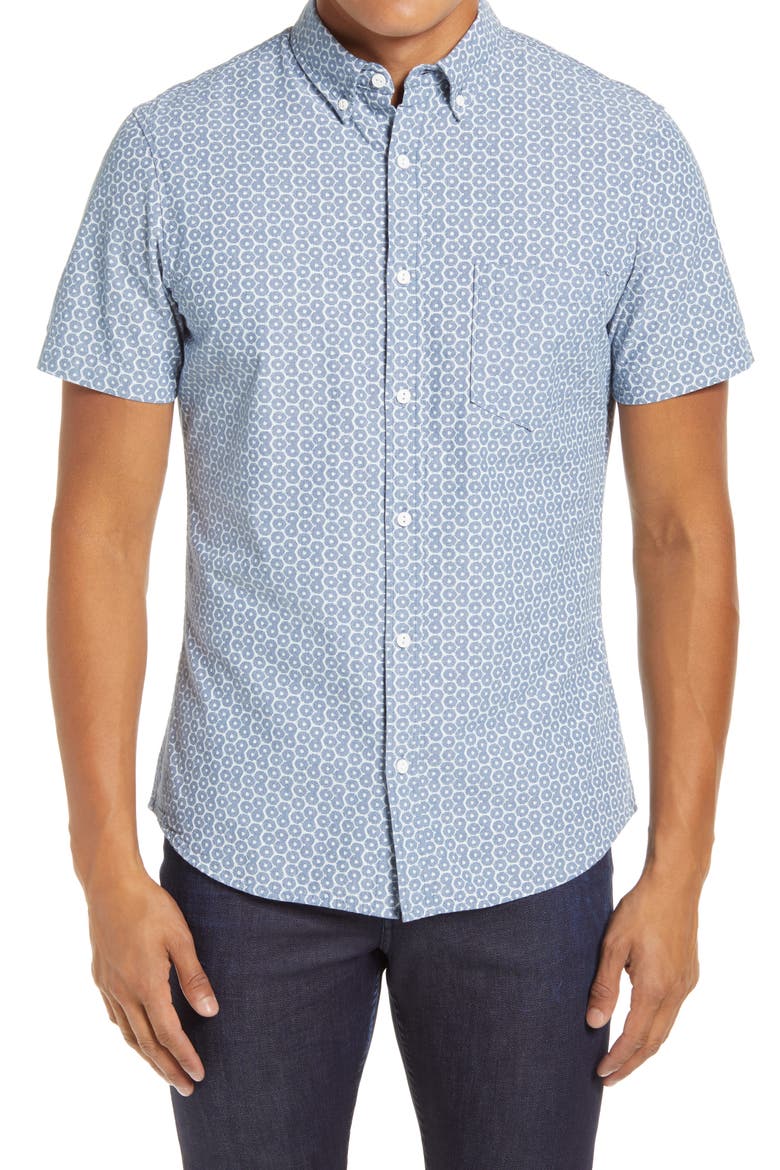 Slim Fit Shibori Geo Print Short Sleeve Button-Down Shirt, Main, color, BLUE CHAMBRAY SHIBORI GEO