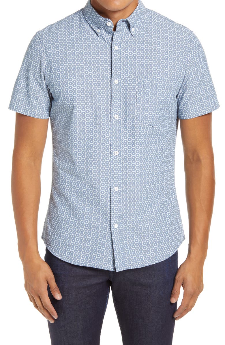 1901 Slim Fit Shibori Geo Print Short Sleeve Button-Down Shirt, Main, color, 