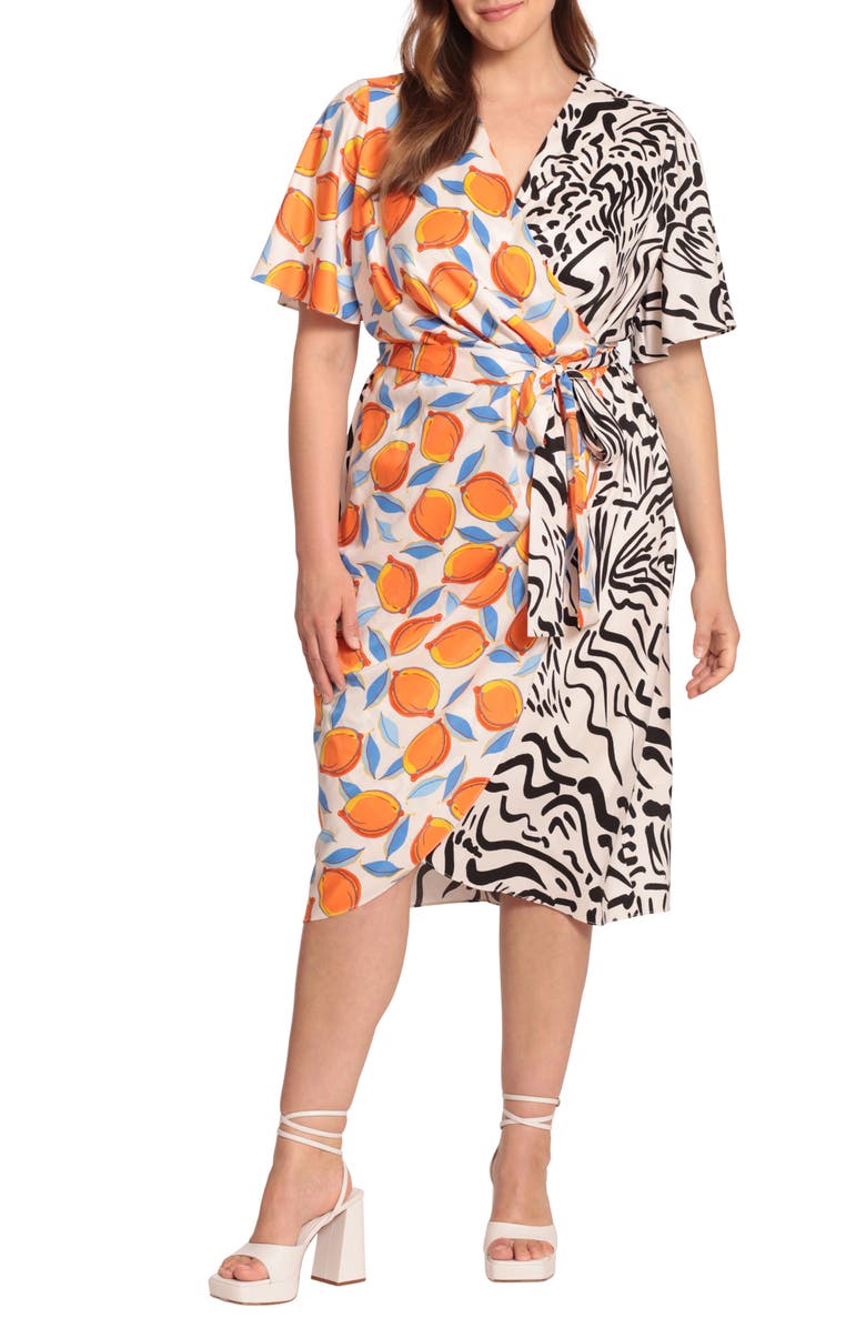 Donna Morgan Mixed Print Midi Wrap Dress, Main, color,