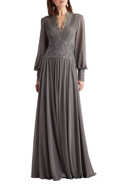 Sequin Lace Detail Long Sleeve Chiffon Gown