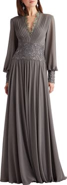 Tadashi Shoji Sequin & Lace Pleated Long Sleeve Chiffon Gown