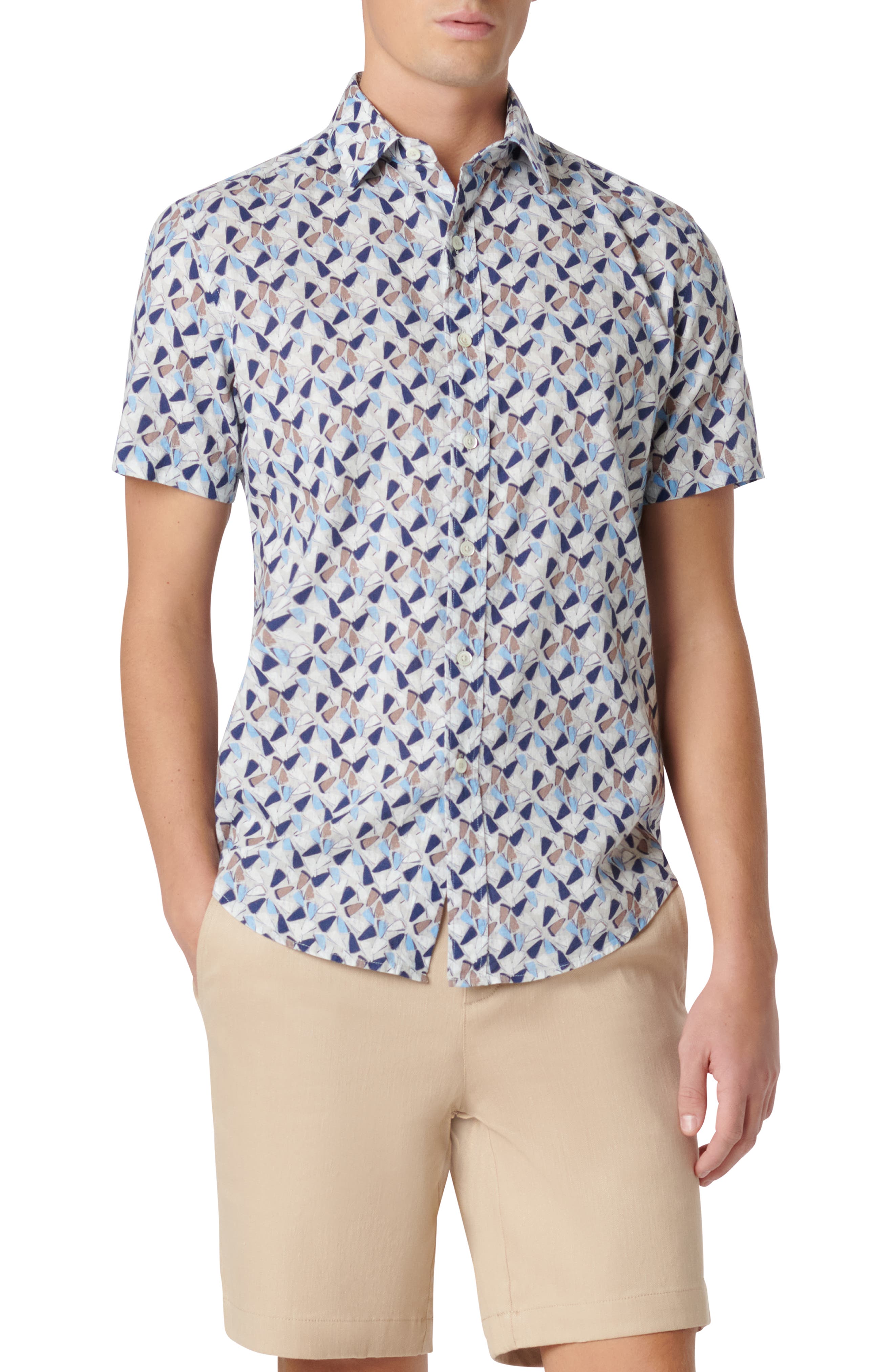 Bugatchi Orson Geo Print Short Sleeve Cotton & Linen Button-Up Shirt