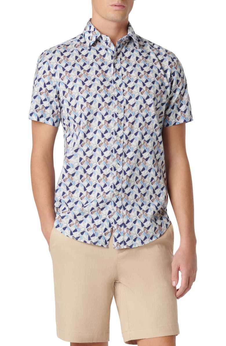 Bugatchi Orson Geo Print Short Sleeve Cotton & Linen Button-Up Shirt, Main, color, Sand
