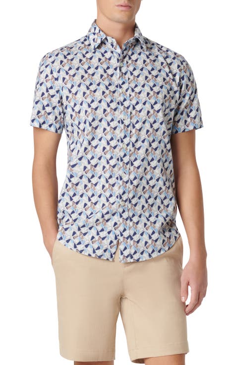 Orson Geo Print Short Sleeve Cotton & Linen Button-Up Shirt