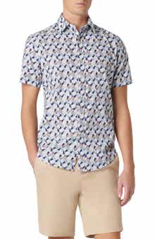 Bugatchi Orson Geo Print Short Sleeve Cotton & Linen Button-Up Shirt