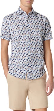 Bugatchi Orson Geo Print Short Sleeve Cotton & Linen Button-Up Shirt