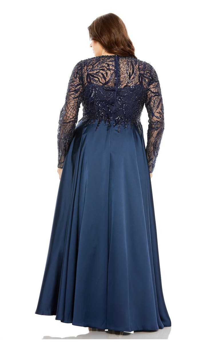 Mac Duggal Sheer Long Sleeve Beaded Top Satin Gown, Alternate, color, Midnight