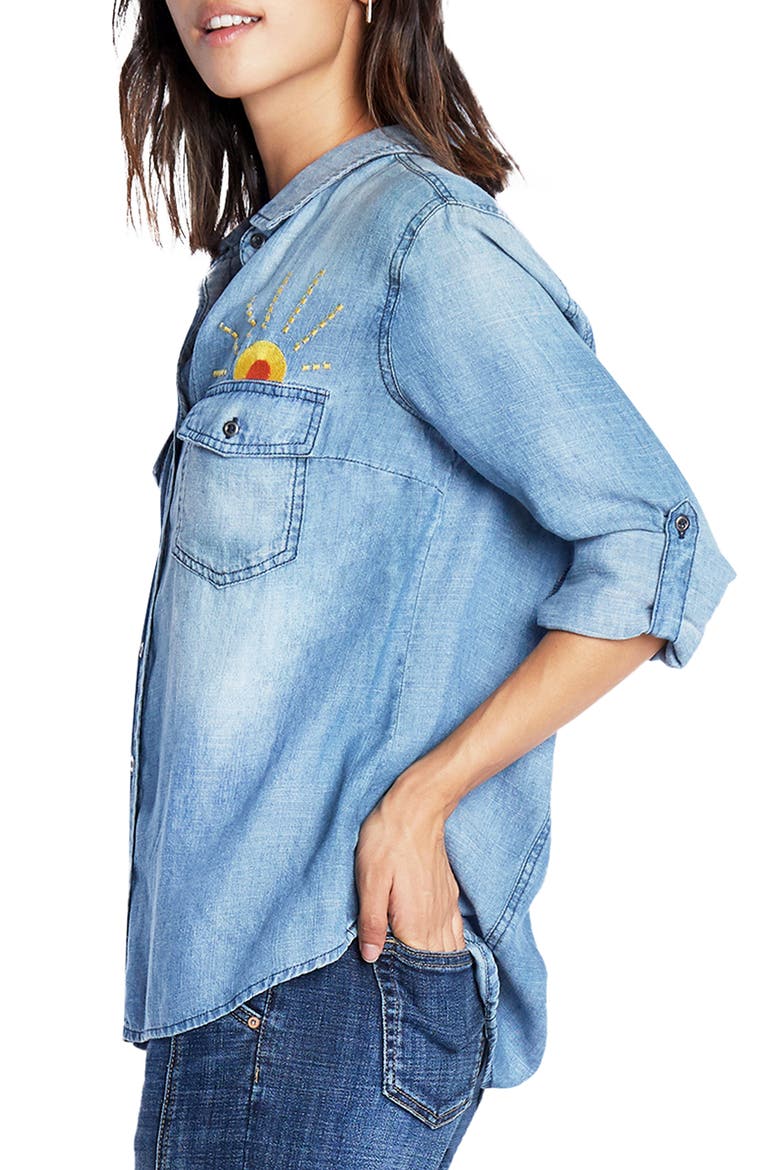 Hello Sunshine Embroidered Button-Up Shirt, Alternate, color, WASHED BLUE