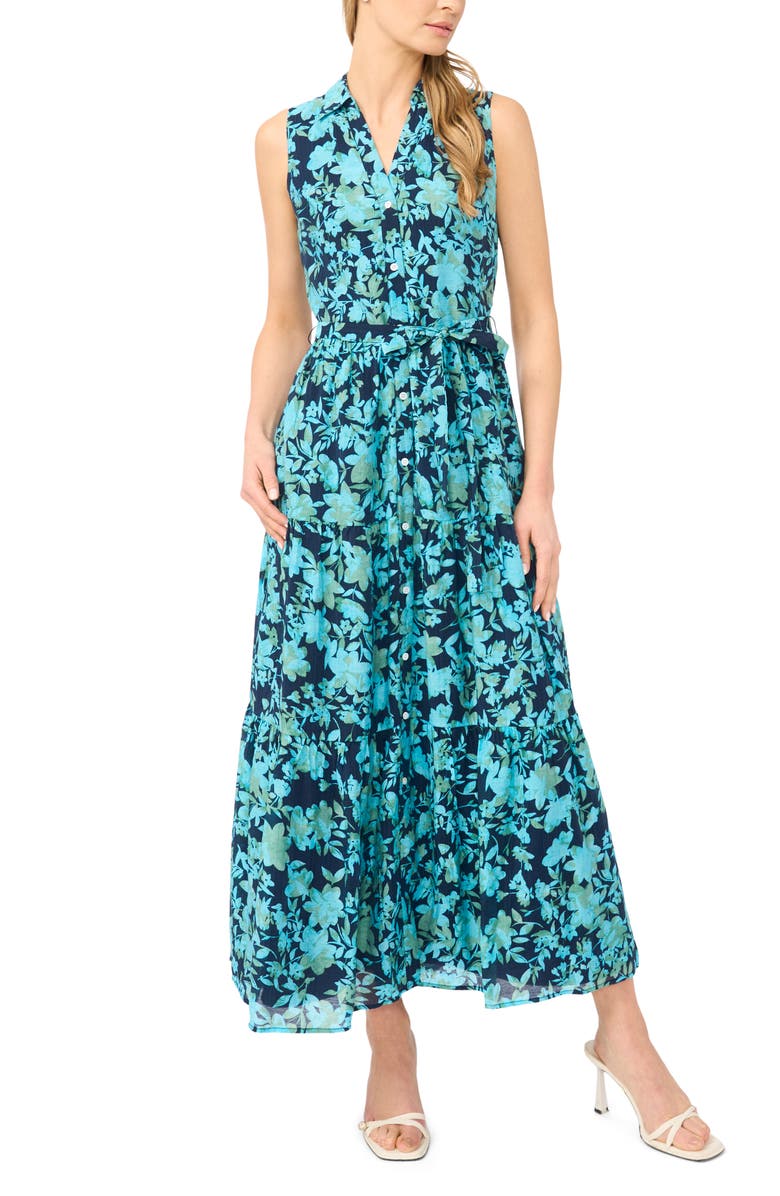 CeCe Floral Sleeveless Maxi Shirtdress, Alternate, color, Classic Navy