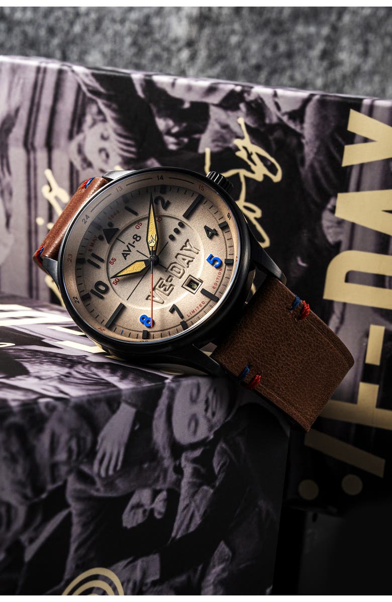 AVI-8 Hawker Hurricane Kent Leather Strap Watch, 43mm, Alternate, color, Cream