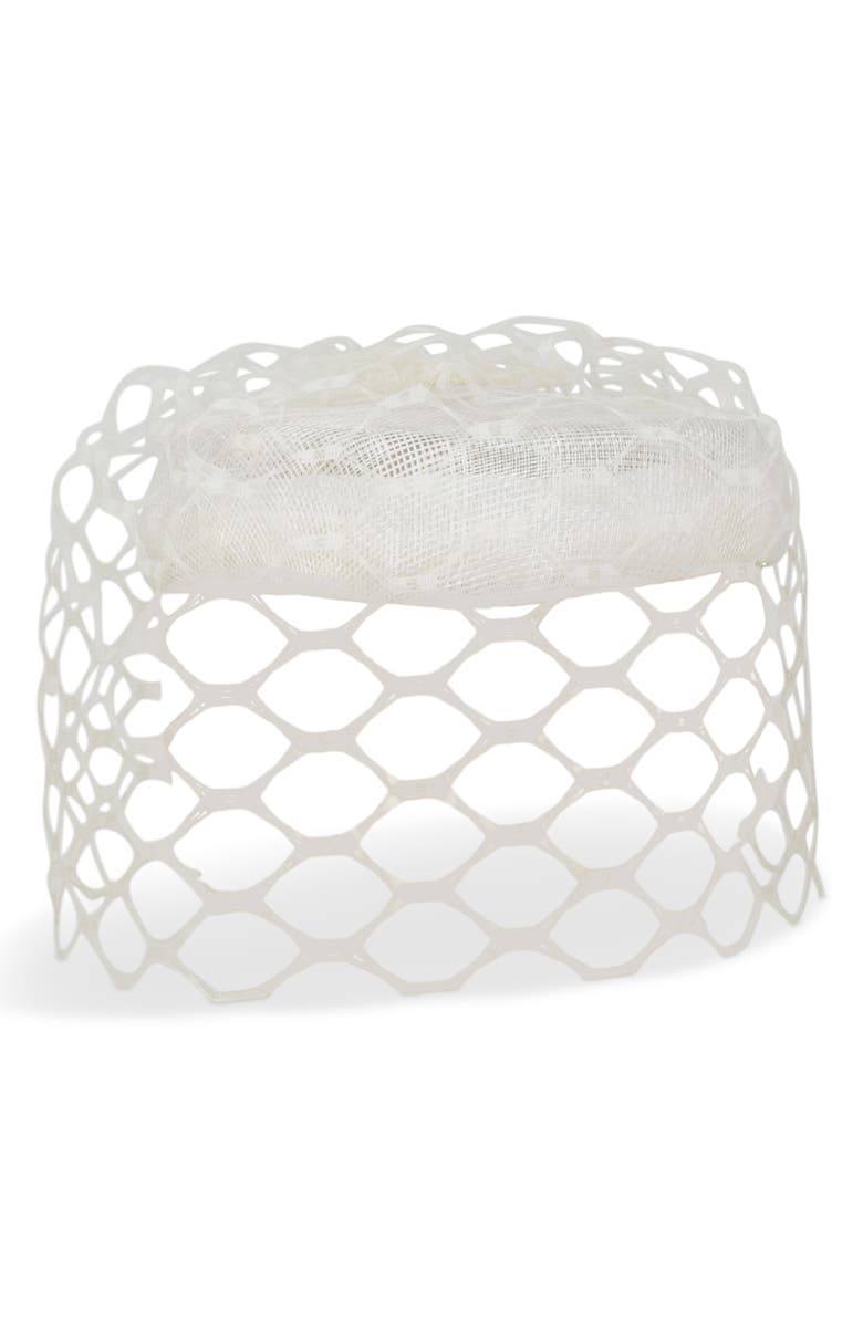 Gigi Burris Millinery Elodie Hemp Cocktail Hat with Silk Birdcage Veil, Main, color, Ivory