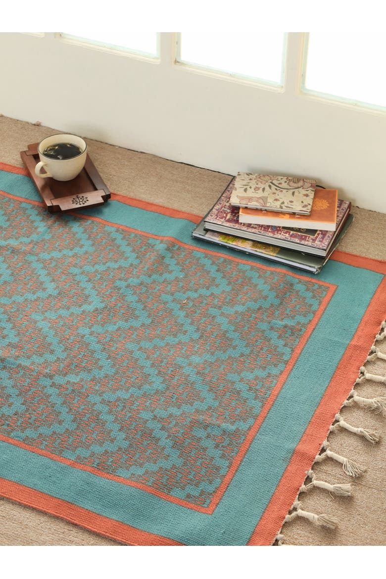 Chintz Cotton Rug, Alternate, color, Teal and Coral