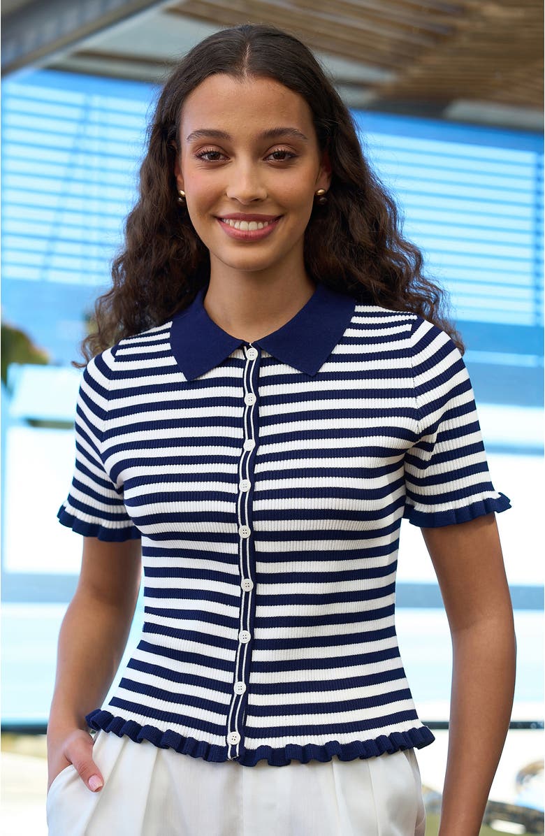 Yumi Nautical Striped Knitted Top, Alternate, color, Navy