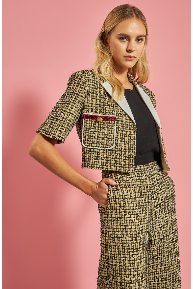 Premium Tweed Crop Jacket, Alternate, color, YELLOW/ BLACK