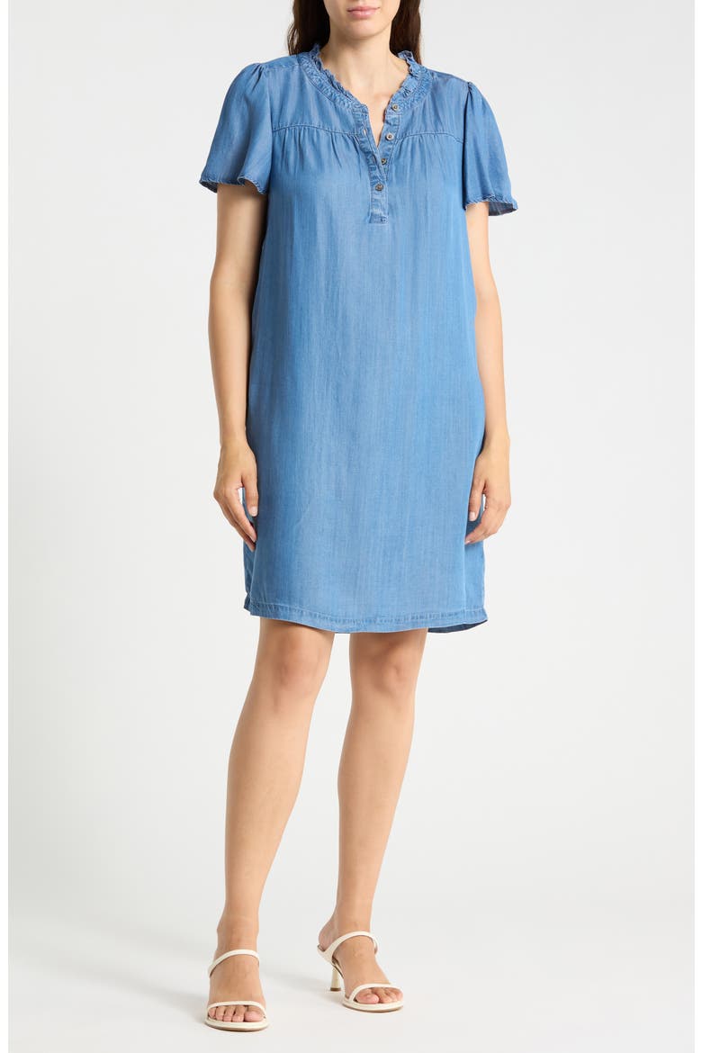 Eugenia Ruffle Collar Denim Shirtdress, Main, color, MEDIUM WASH
