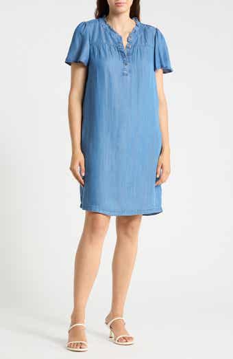 Ren Short Sleeve Ruffle Collar Denim Shirtdress