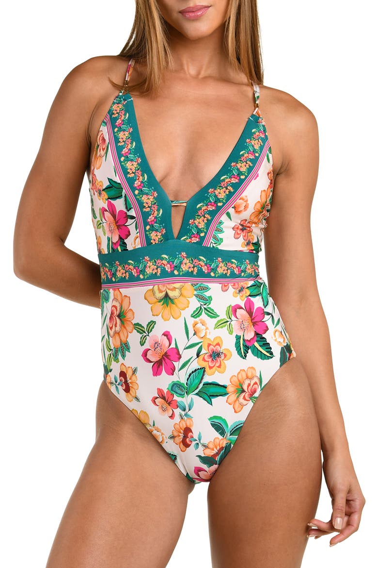 Zen Garden Plunge One-Piece Swimsuit, Main, color, BLUE/ GREEN MULTI