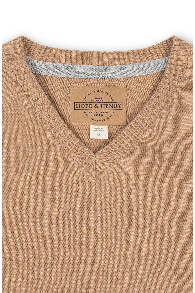 Kids' Organic V-Neck Sweater with Elbow Patches, Alternate, color, Camel Heather