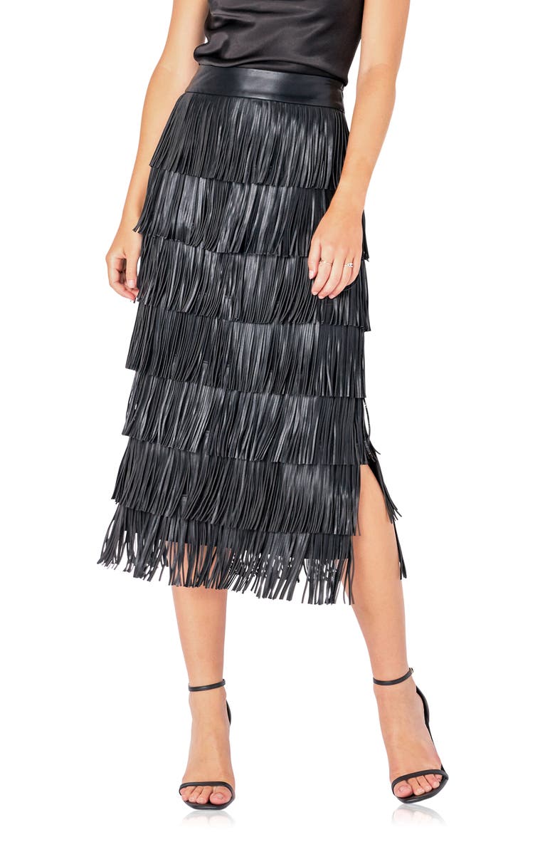 Endless Rose Fringe Tiered Faux Leather Midi Skirt, Alternate, color,