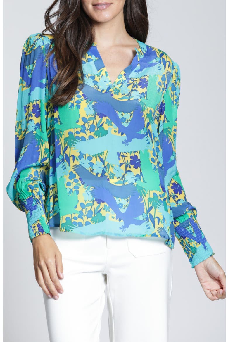 Print Smocked Cuff Top, Main, color, TURQUOISE MULTI