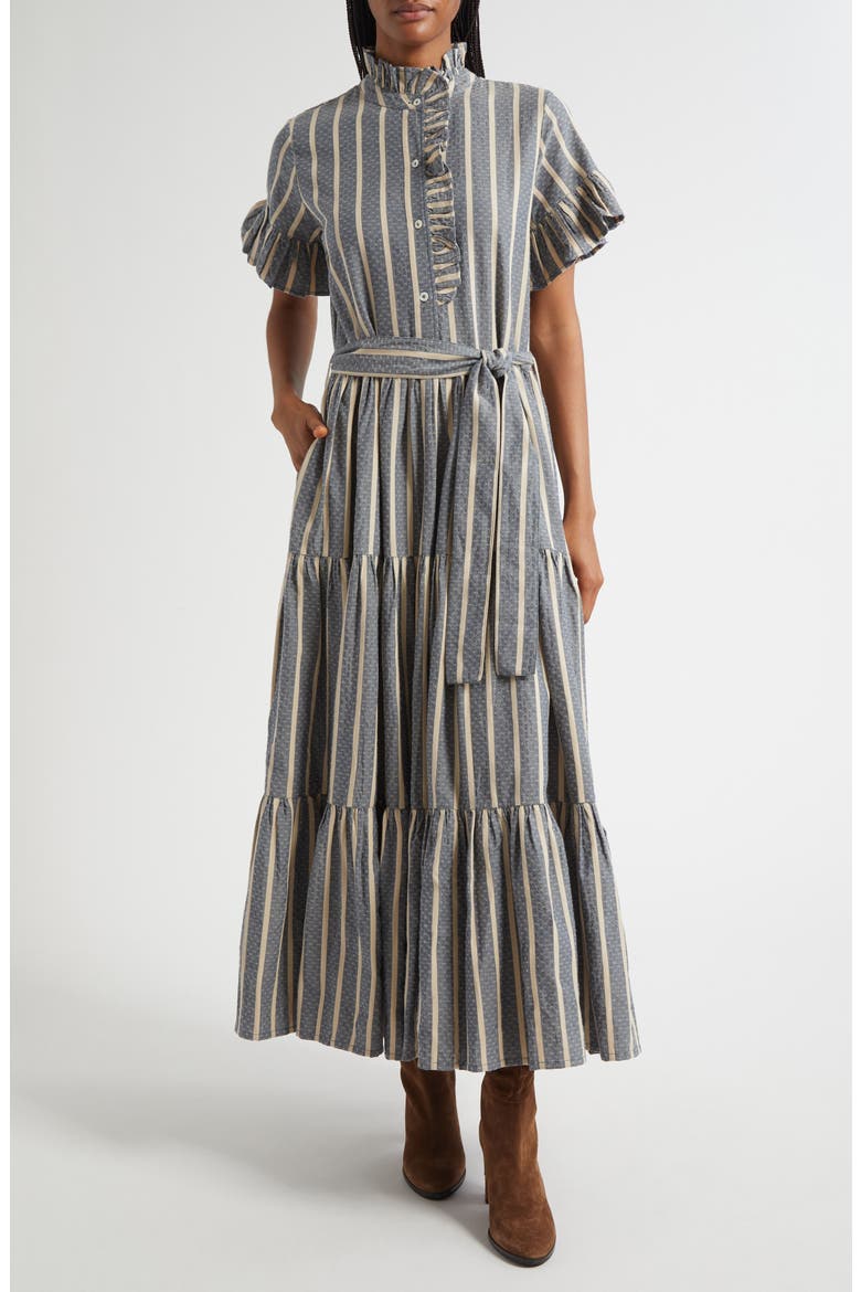 Victoria Ruffle Front Dress, Main, color, CHAMBRAY STRIPE