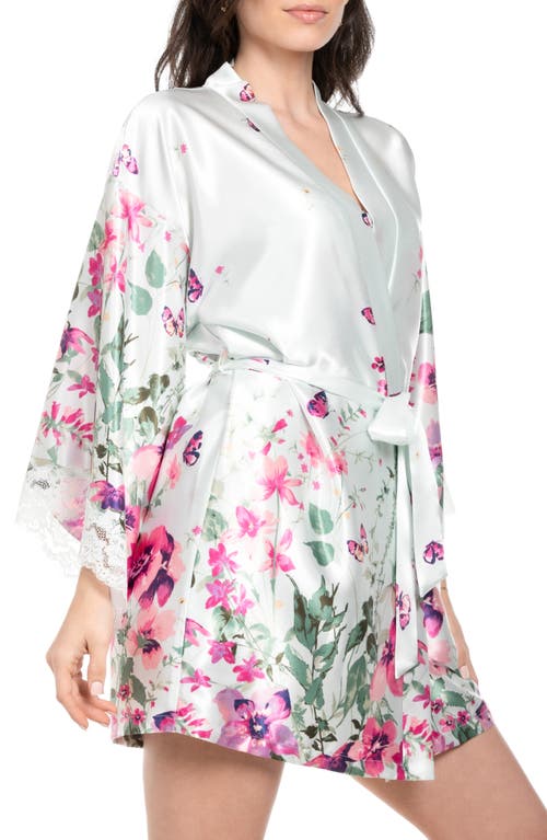 In Bloom By Jonquil Satin Floral Border Wrap Robe In Pale Sage