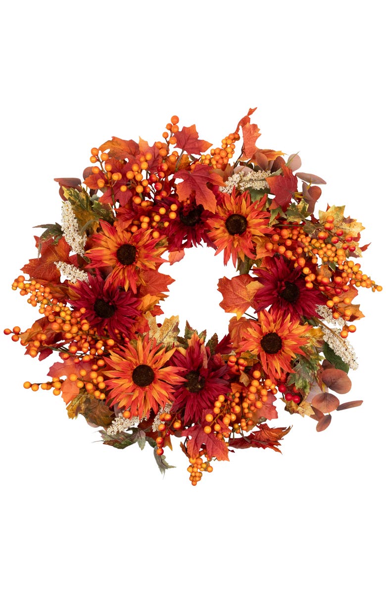 Northlight Mums and Berries with Fiery Foliage Fall Harvest Wreath - 24", Main, color,