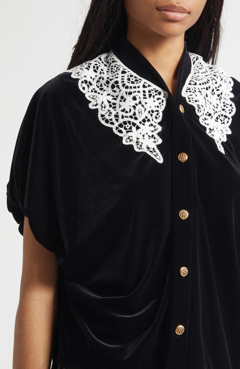 Junya Watanabe Lace Trim Velour Cardigan, Alternate, color, Black X Off White