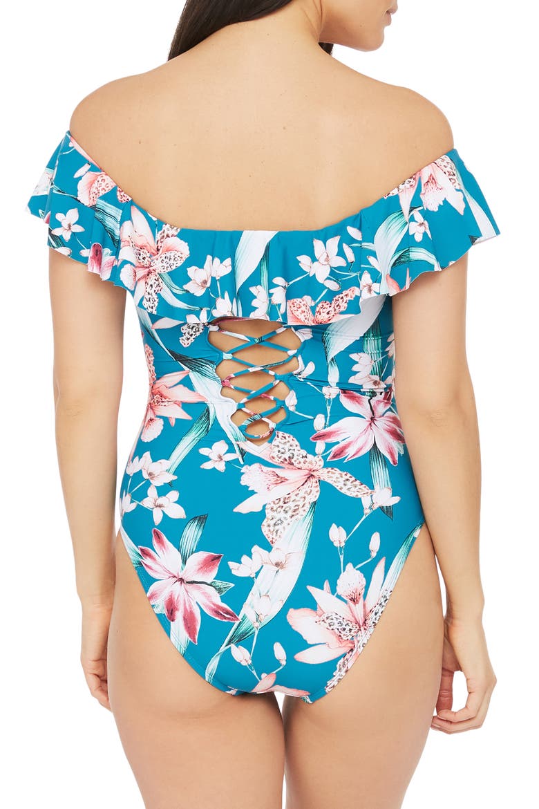 Flyaway Off the Shoulder One-Piece Swimsuit, Alternate, color, CARIBBEAN CURRENT