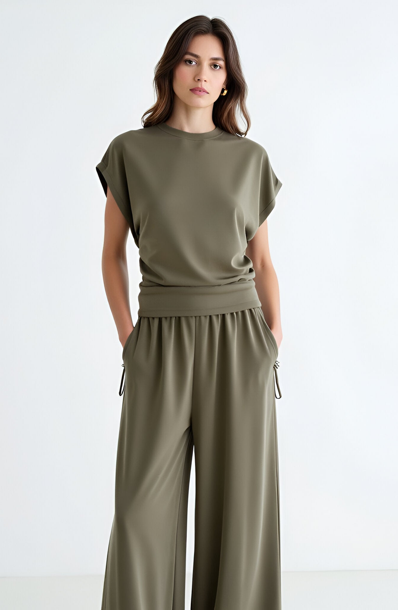 Modenaire Ruched Side Cap Sleeve Top with Cinched Waist and Relaxed Fit, Alternate, color,