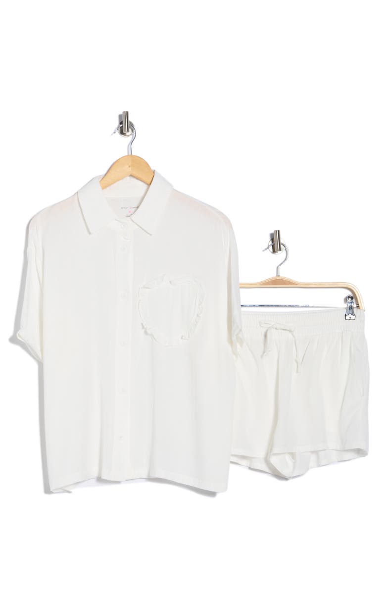 Betsey Johnson Heart Patch Cabana Button-Up Shirt & Shorts Cover-Up Set, Main, color, White